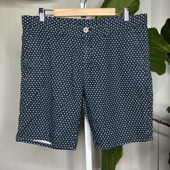 Massimo Dutti Shorts Preppy Flat Front Pockets Navy White Polka Dots Sz 36 - Picture 1 of 8